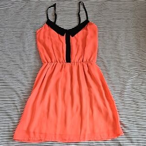 Neon Coral Strappy Mini Dress with Black Trim